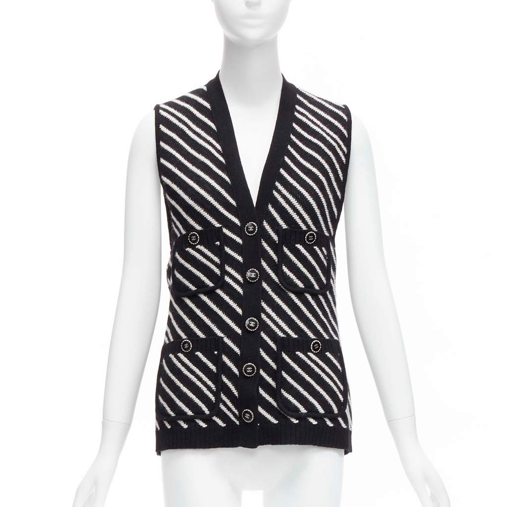 Chanel Striped Pocket Vest Black Cashmere Never worn - Front View