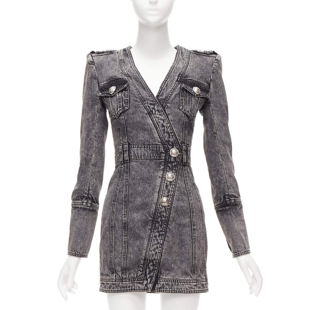 Balmain Acid Denim Dress Grey Cotton Never worn - Front View
