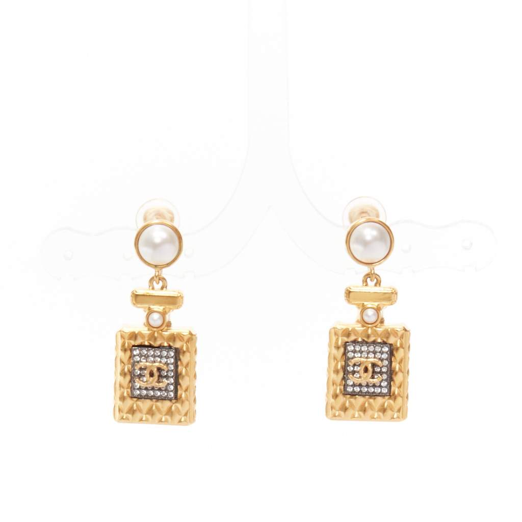 Chanel Perfume Bottle Earrings Gold Metal Never worn - Front View
