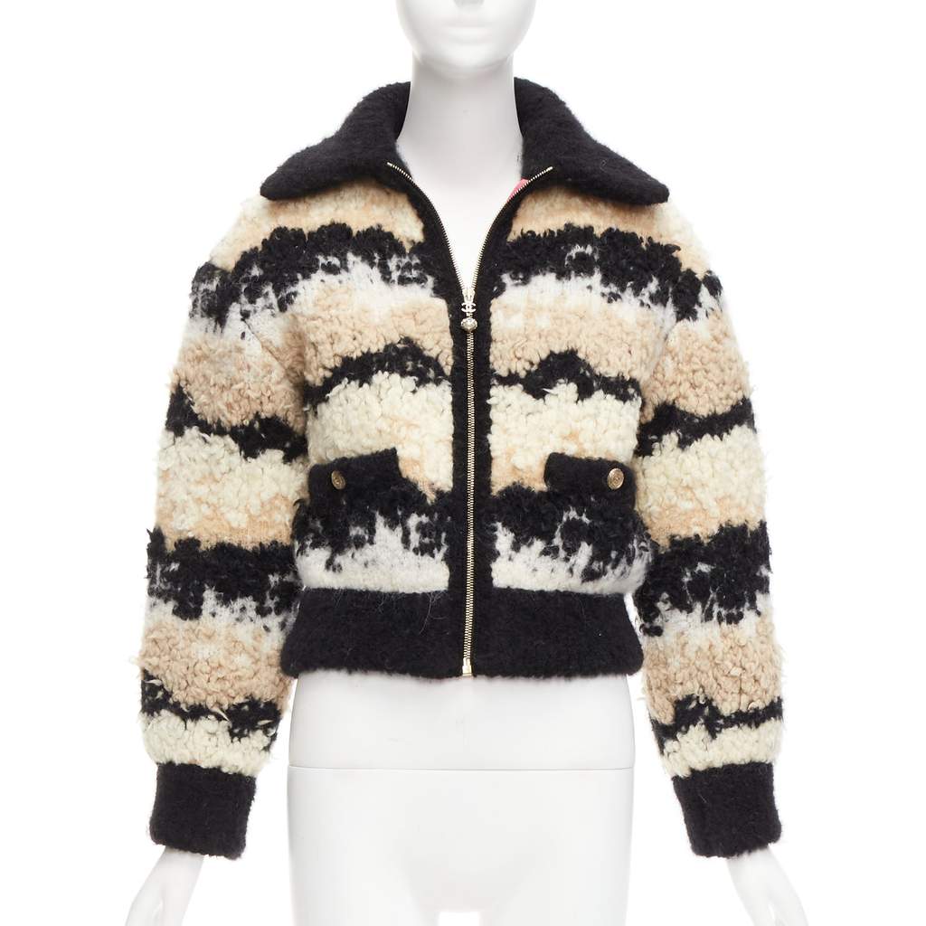 Chanel CC Pearl Bomber Beige Wool Never worn - Front View