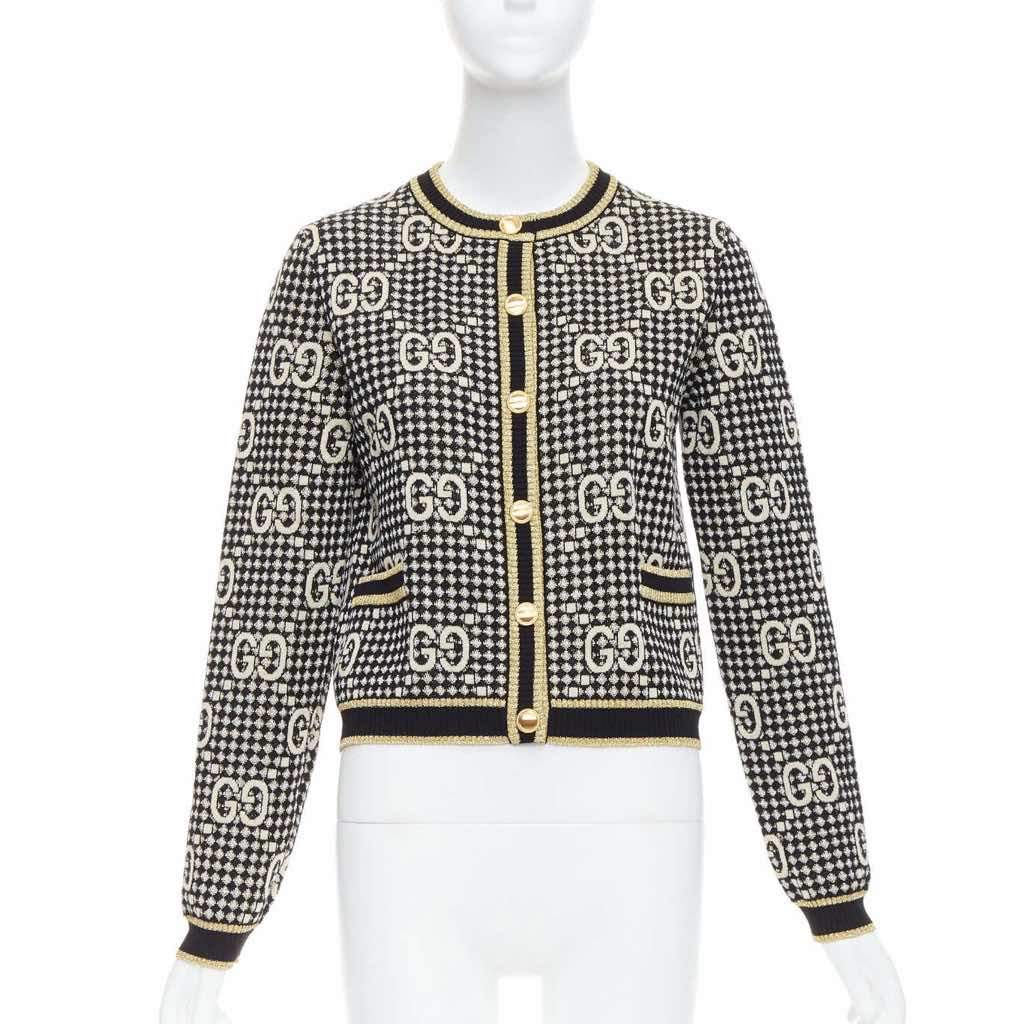 Gucci Gold Jacquard Cardigan Gold Wool Never worn - Front View