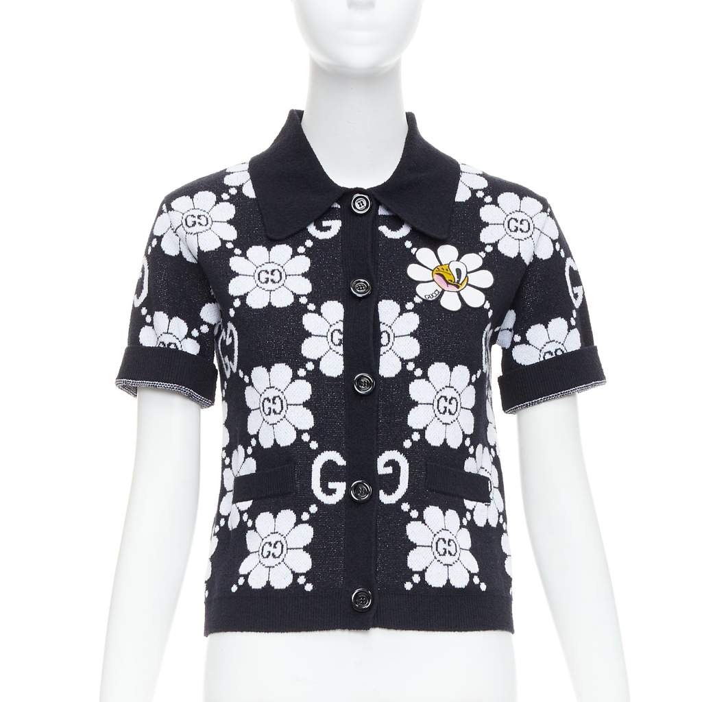 Gucci Daisy Polo Cardigan Black Cotton Never worn - Front View