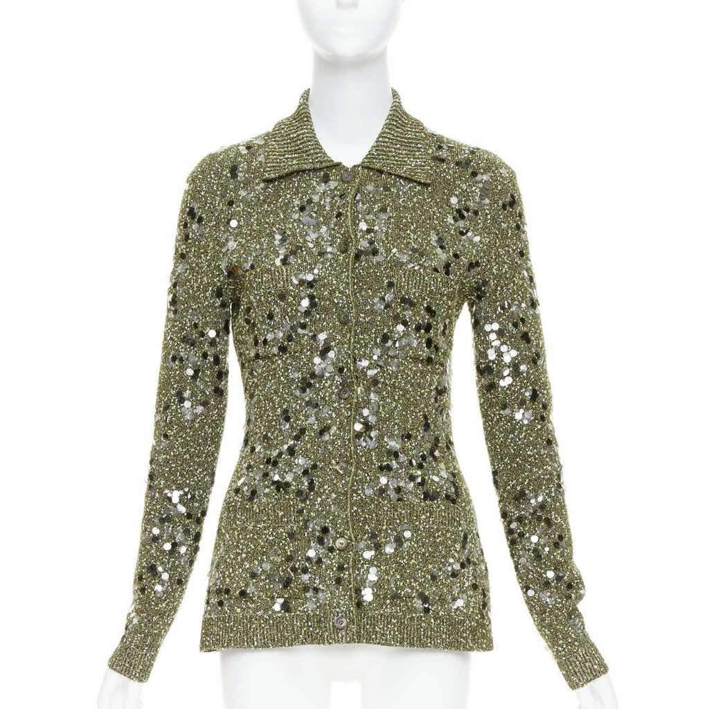 Gucci Pailettes Boucle Cardigan Green Viscose Very good - Front View