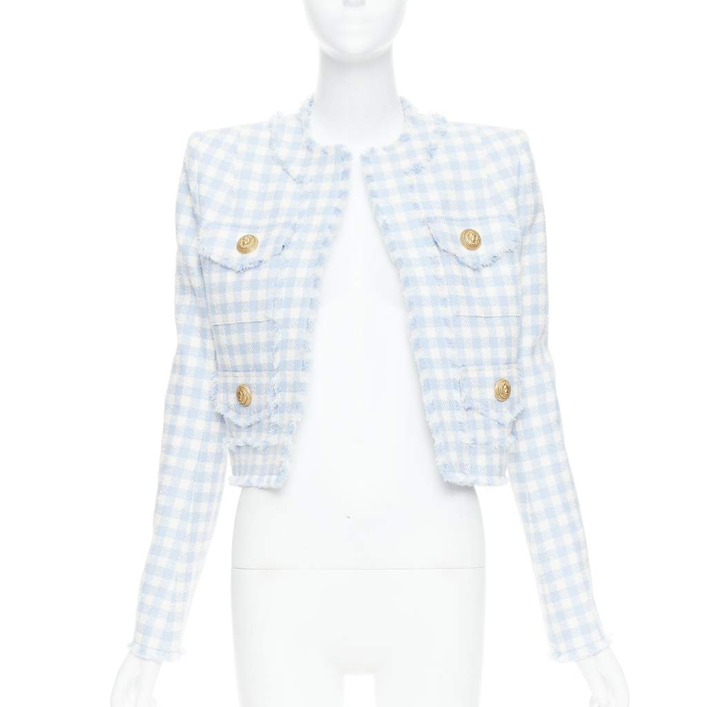 Balmain Plaid Cropped Jacket White Cotton Very good - Front View