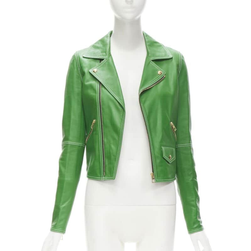 Loewe Moto Biker Jacket Green Leather Very good condition - Front View