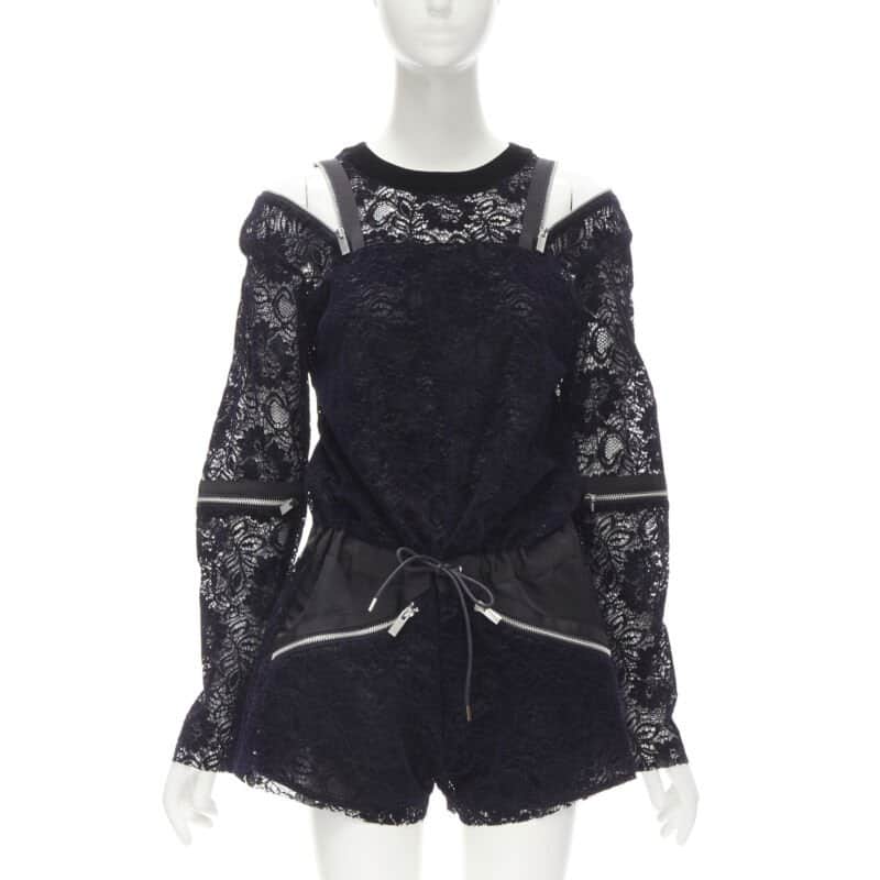 Sacai Velvet Lace Romper Navy Polyester Very good - Front View