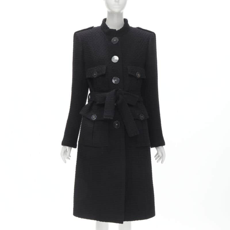 Chanel Black Tweed Belted Coat Black Wool Never worn - Front View