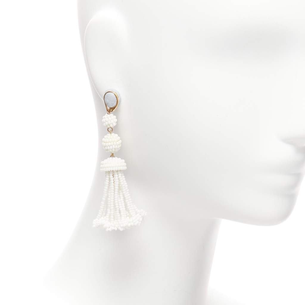 Celine Beaded Tassel Earrings White Plastic Never worn - Front View