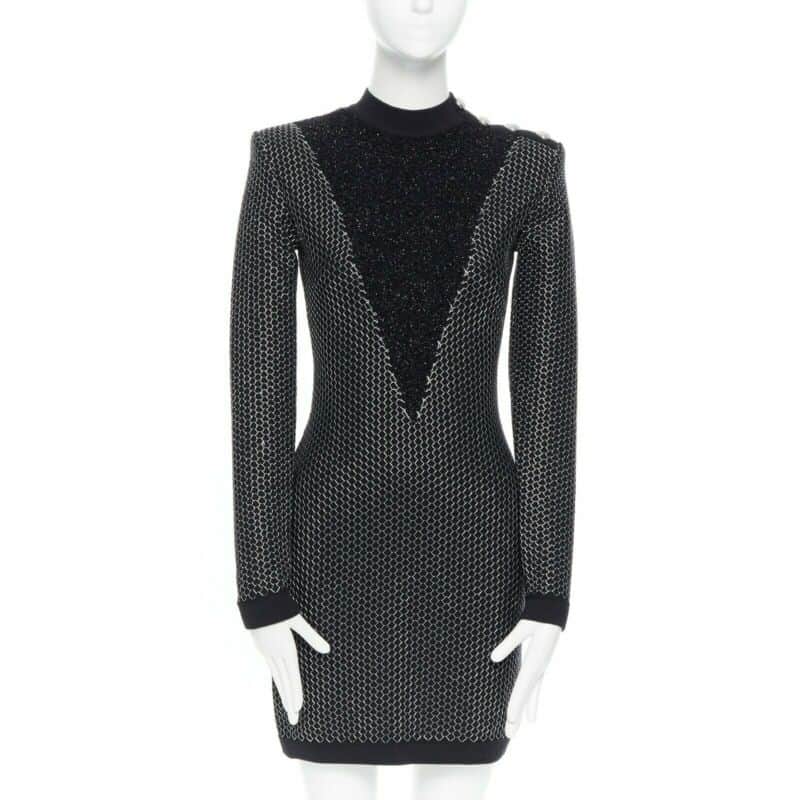 Balmain Fluffy Button Dress Black Good - Front View