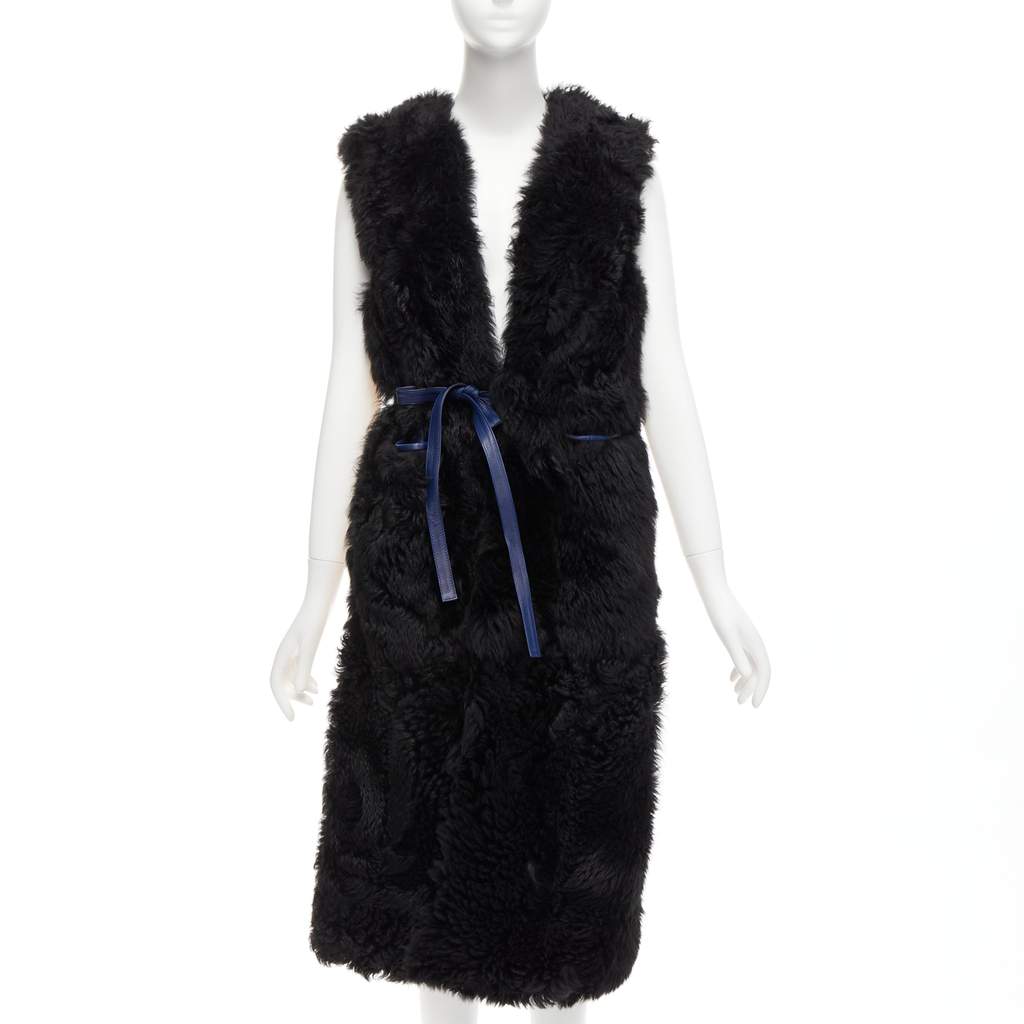Marni Black Shearling Belted Coat Black Leather Never worn - Front View