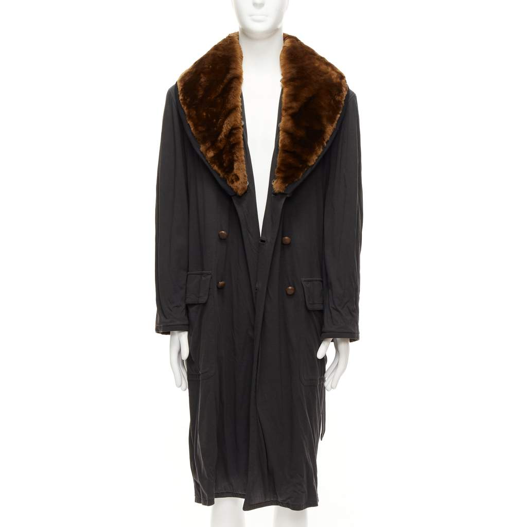 Jean Paul Gaultier Black Fur Belted Coat Brown Cotton Fair - Front View
