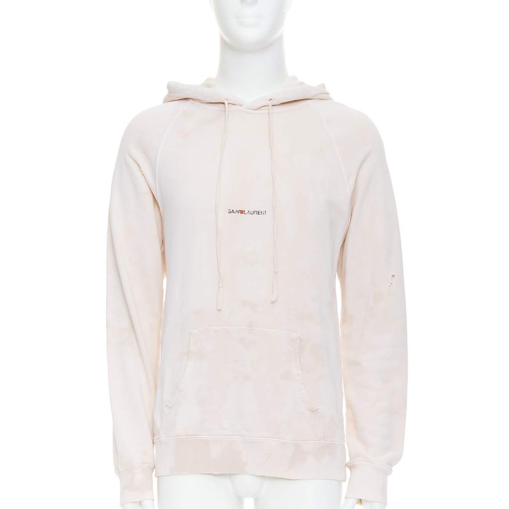 Saint Laurent Distressed Logo Hoodie Beige Cotton Never worn - Front View