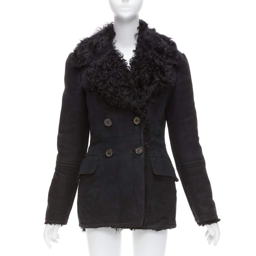 Gucci Black Shearling Wool Coat Black Suede Fair condition - Front View
