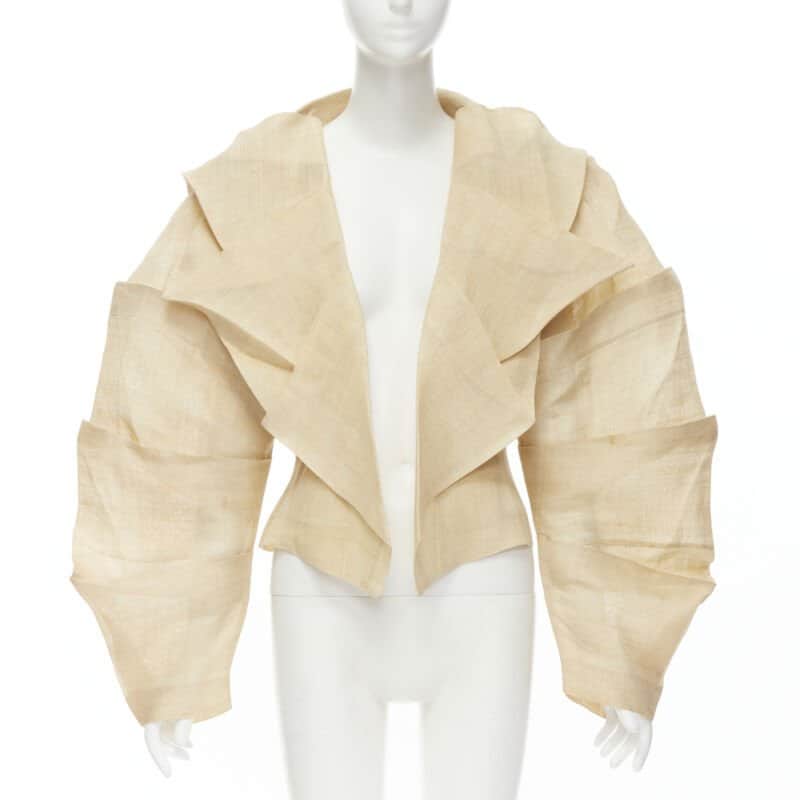 Issey Miyake Pleated Linen Jacket Beige Linen Good - Front View