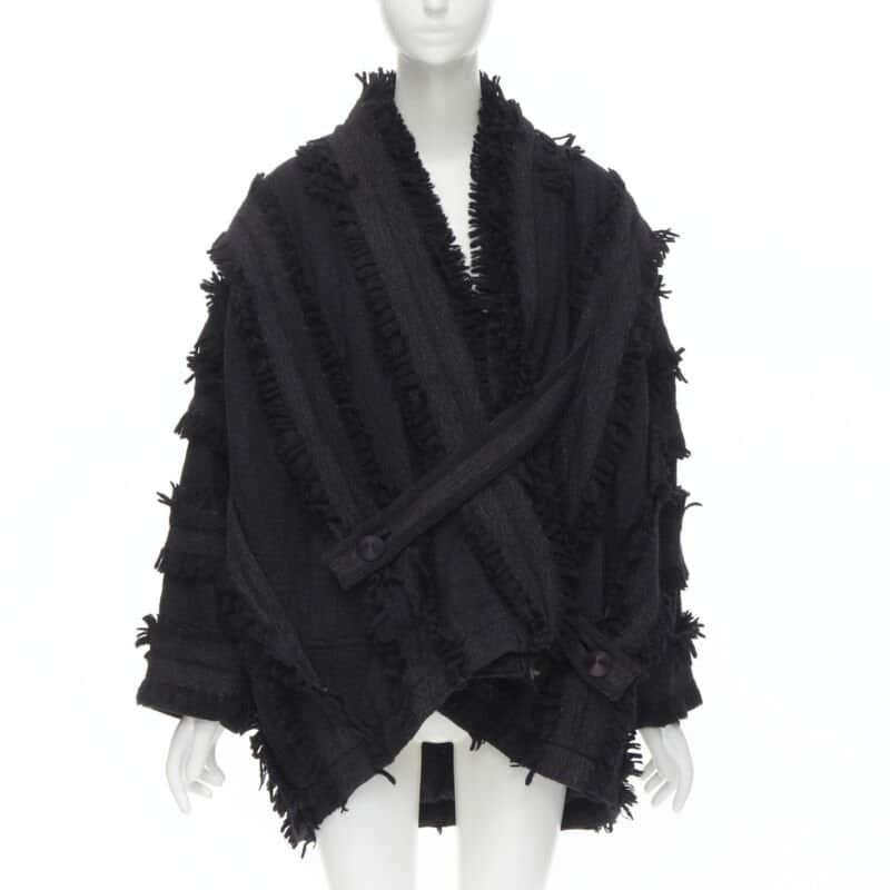 Issey Miyake Grey Fringe Cocoon Coat Black Wool Never worn - Front View