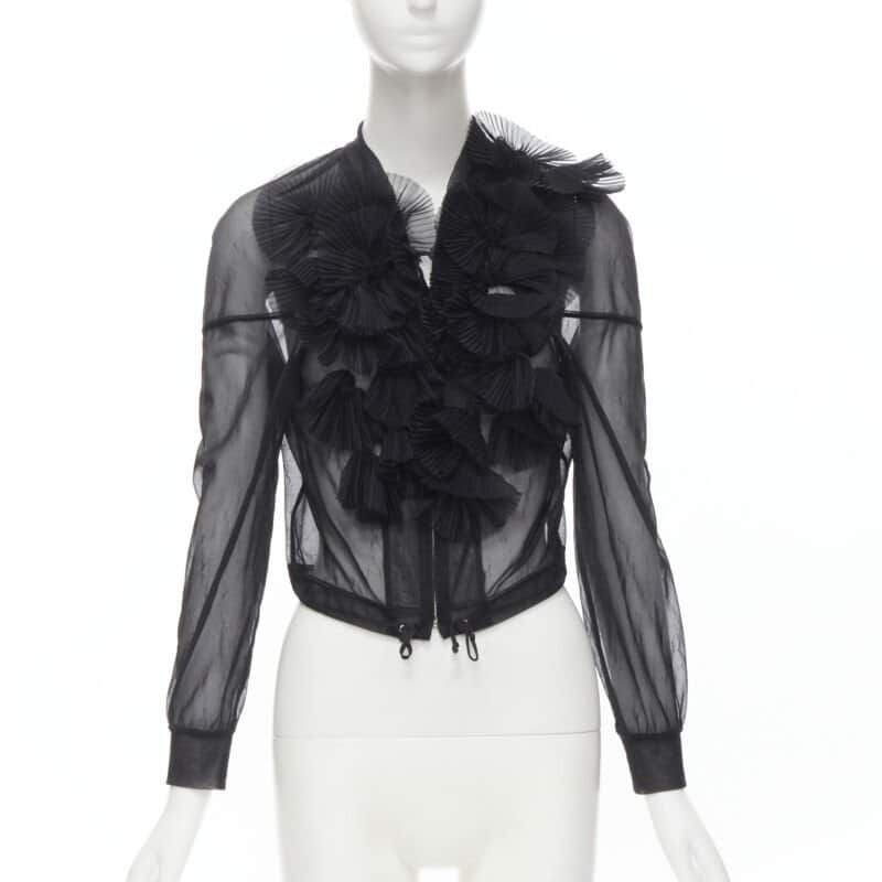 Comme Des Garcons Sheer Ruffle Bomber Jacket Black Polyester Good - Front View