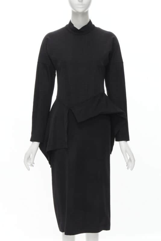 Comme Des Garcons Peplum Midi Dress Black Polyester Very good - Front View