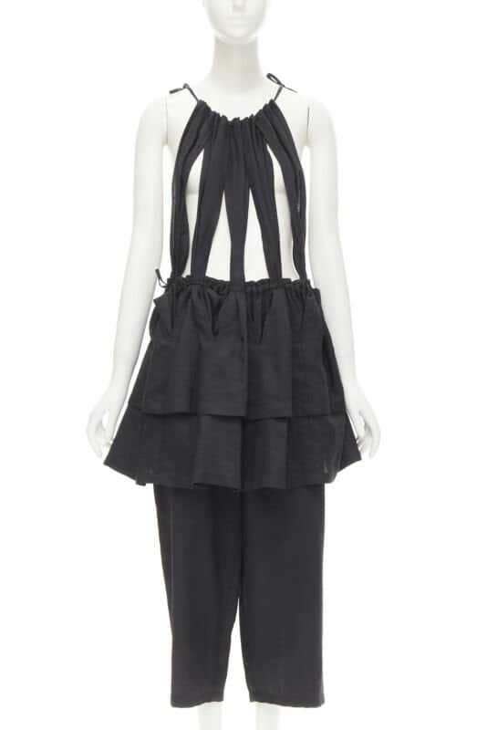 Yohji Yamamoto Linen Suspender Jumpsuit Black Cotton Never worn - Front View
