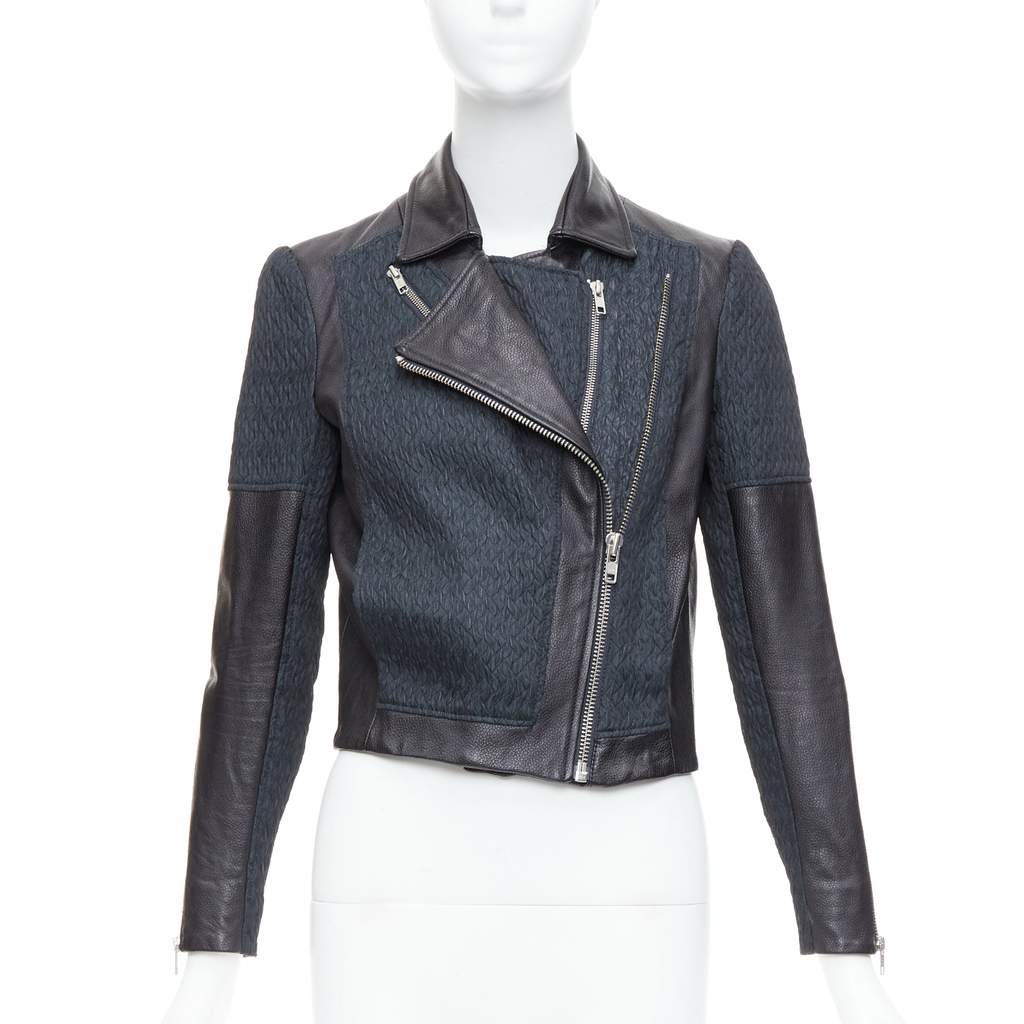 Helmut Lang Textured Crop Biker Black Leather Good - Front View