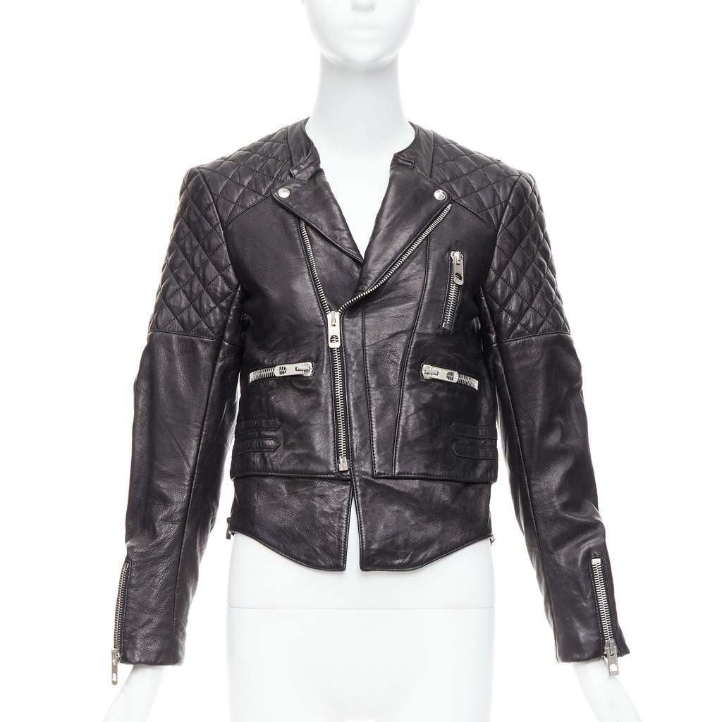 Balenciaga Quilted Moto Jacket Black Leather Good - Front View