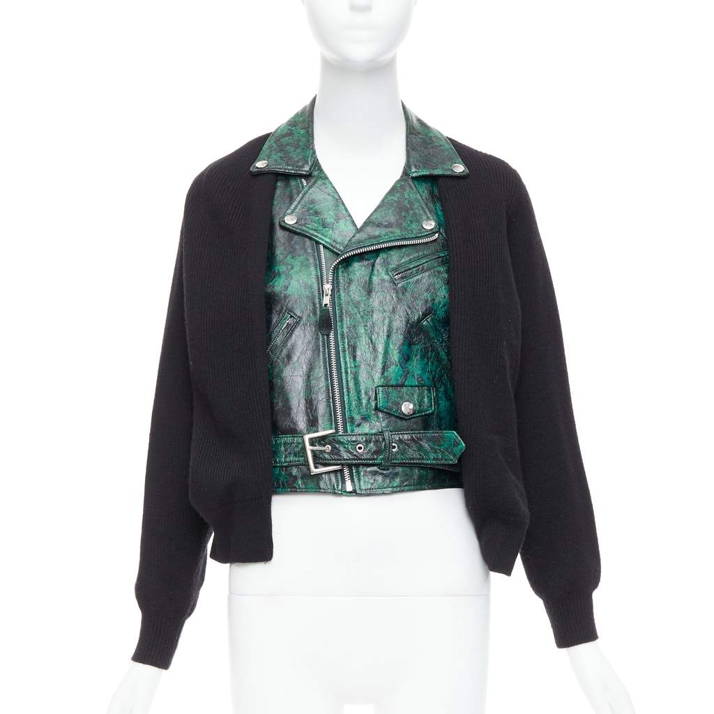 Toga Archives Biker Cardigan Green Leather Good - Front View