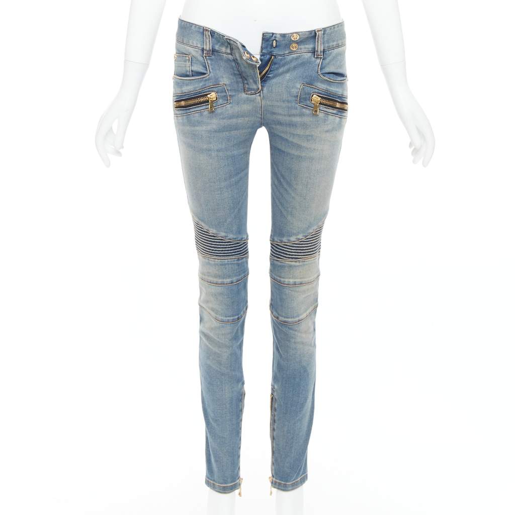 Balmain Ribbed Moto Jeans Blue Good - Front View