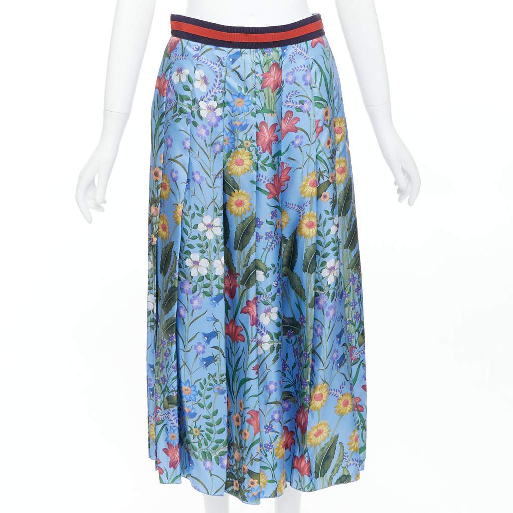 Gucci Bloom Pleated Skirt Blue Silk Very good condition - Front View