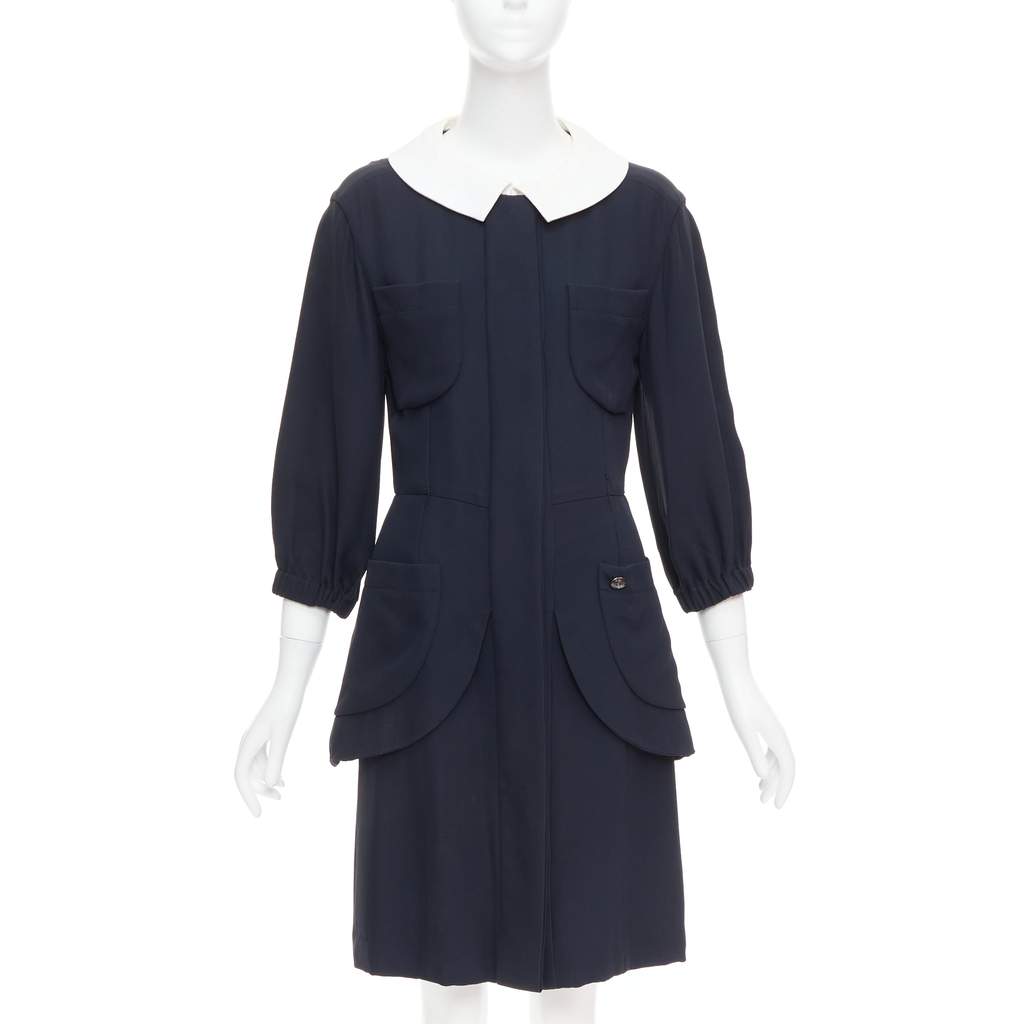 Chanel Collar Trompe Dress Black Silk Very good - Front View