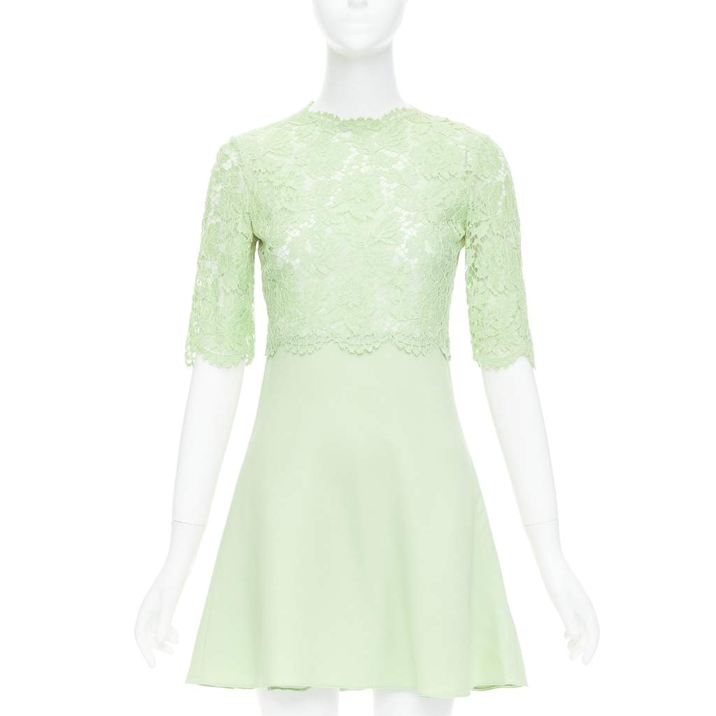 Valentino Garavani Lace Bodice Dress Green Cotton Good - Front View
