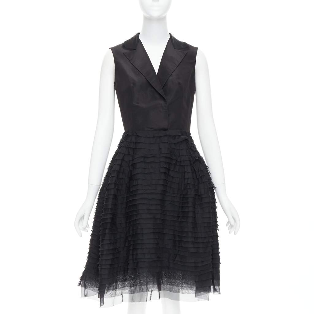 Oscar De La Renta Tiered Puff Dress Black Silk Good - Front View