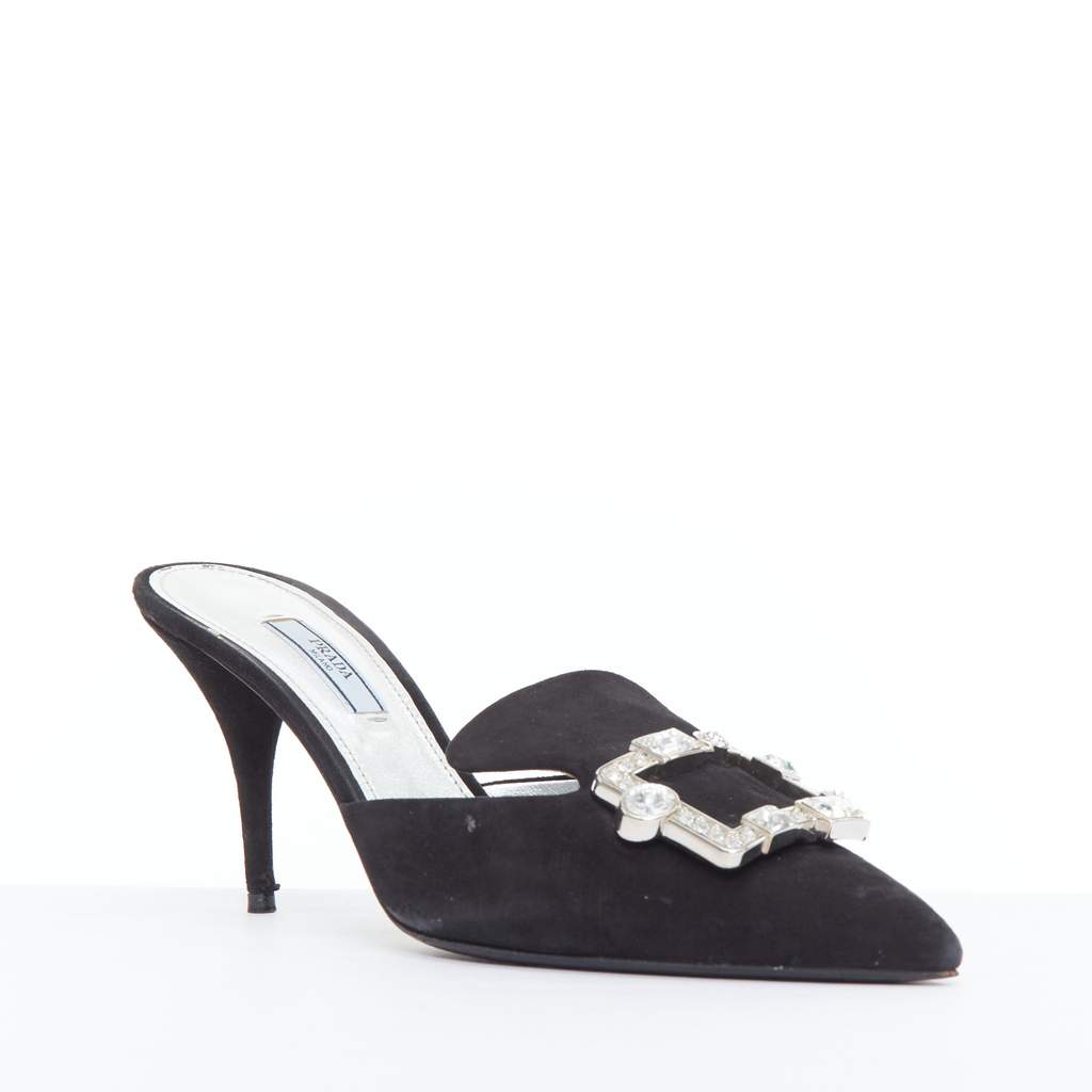 Prada Crystal Buckle Mules Black Suede Fair condition - Front View