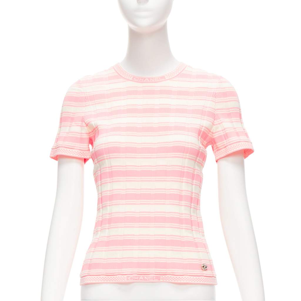 Chanel Stripe Logo Sweater Pink Cotton Very good - Front View