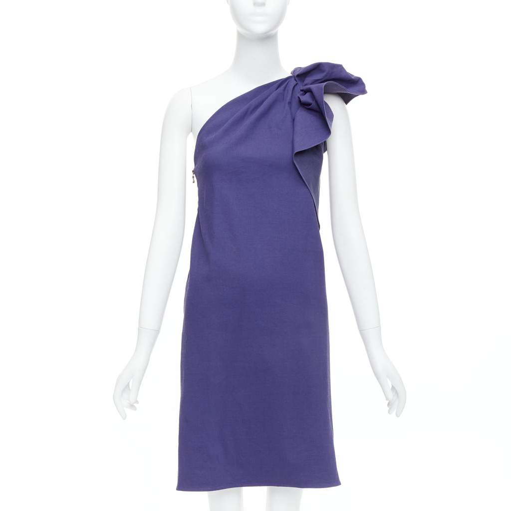 Lanvin One Shoulder Ruffle Dress Purple Linen Never worn, with tag - Front View