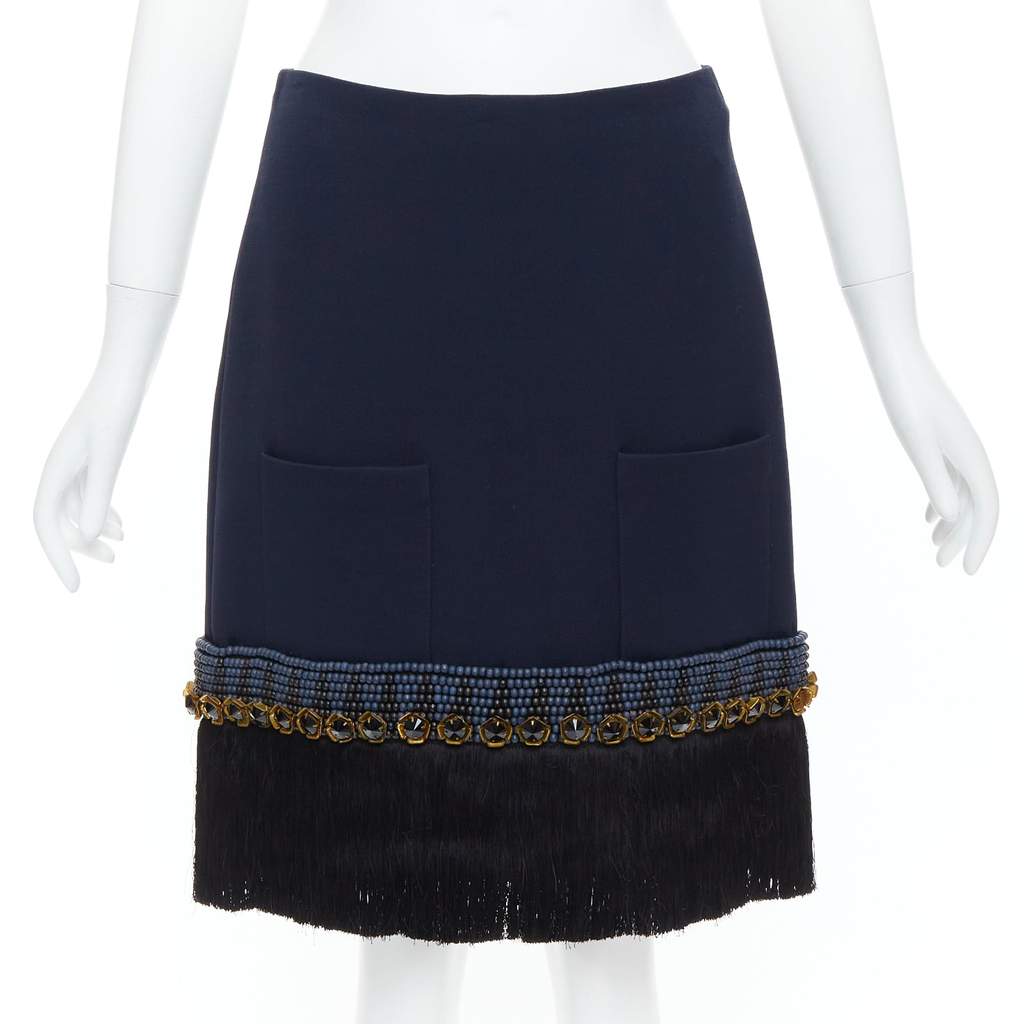 Marni Fringe Hem Skirt Navy Polyamide Very good - Front View