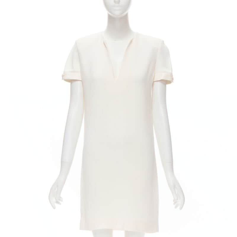 Saint Laurent Crepe Trimmed Dress Beige Very good - Front View