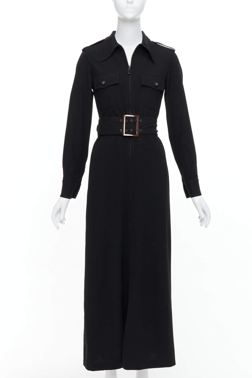 Gucci Military Safari Dress Black Wool Fair - Front View