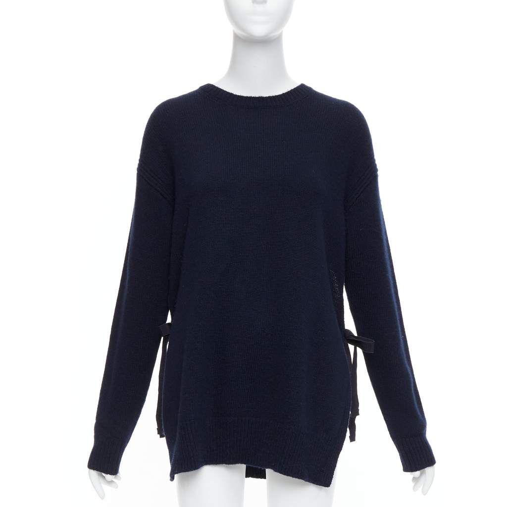 Prada Ribbon Tie Sweater Navy Fair - Front View
