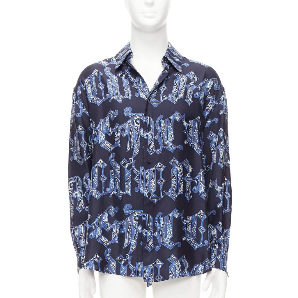Gianni Versace Gothic Logo Shirt Blue Silk Good - Front View