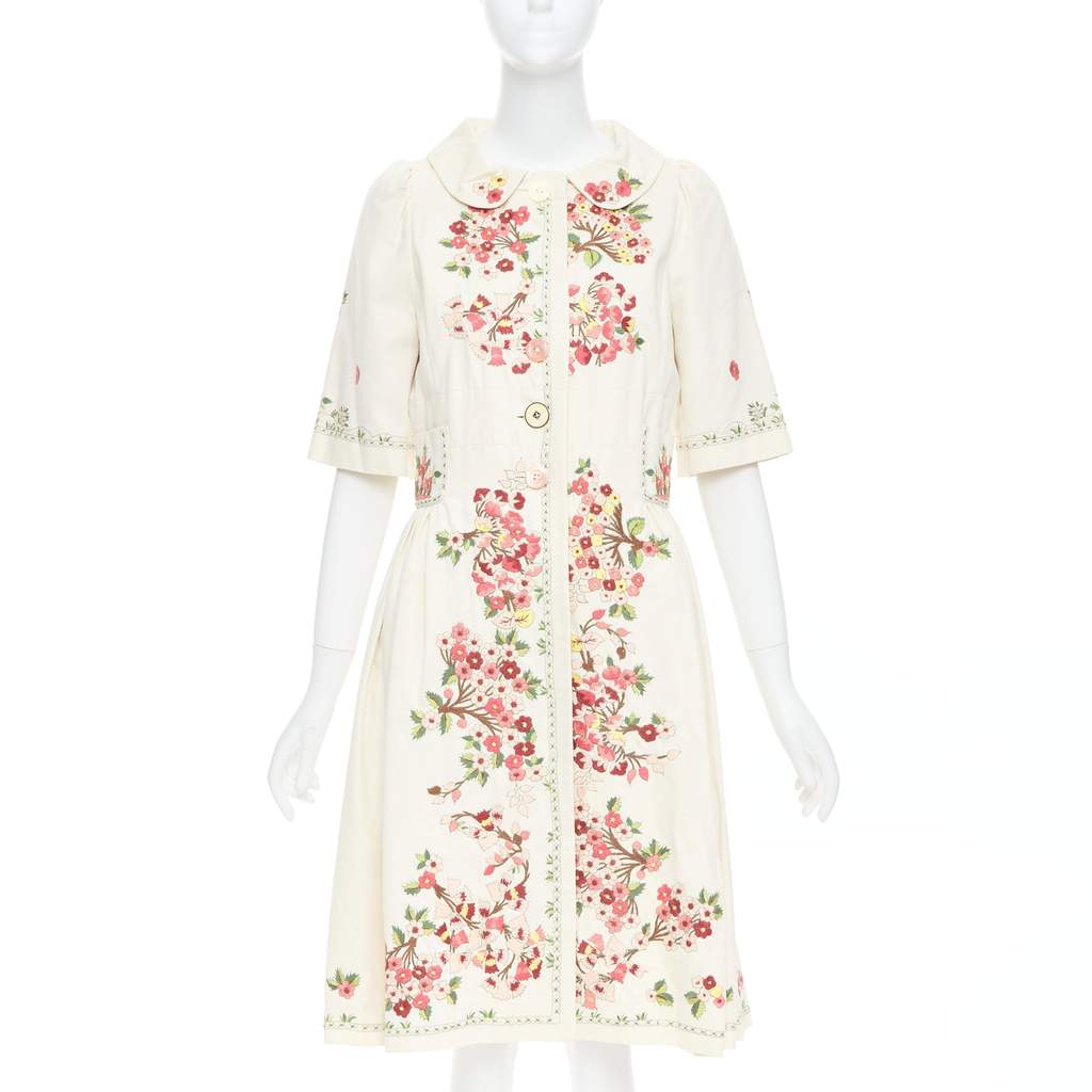 Kenzo Floral Coat Dress Beige Cotton Good - Front View