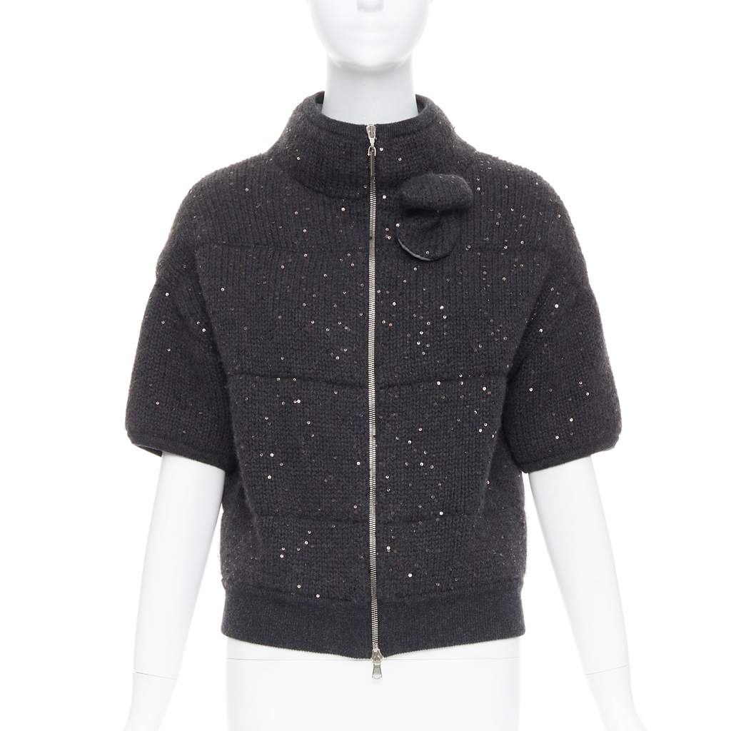 Brunello Cucinelli Sequin Padded Cardigan Grey Cashmere Very good - Front View