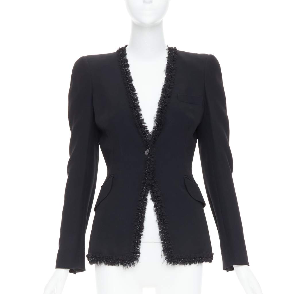 Alexander McQueen Beads Ruffle Blazer Black Viscose Very good - Front View