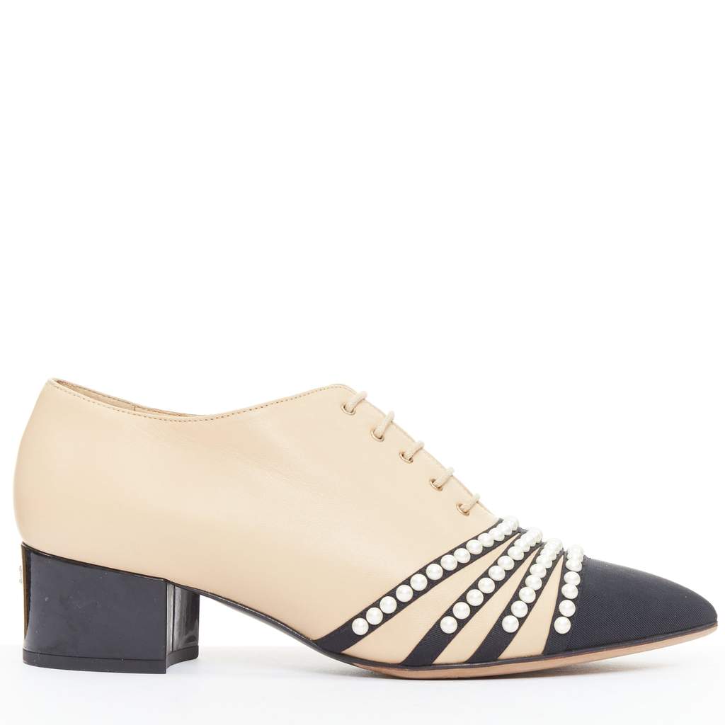 Chanel Pearl Cap Oxfords Beige Leather Fair - Front View