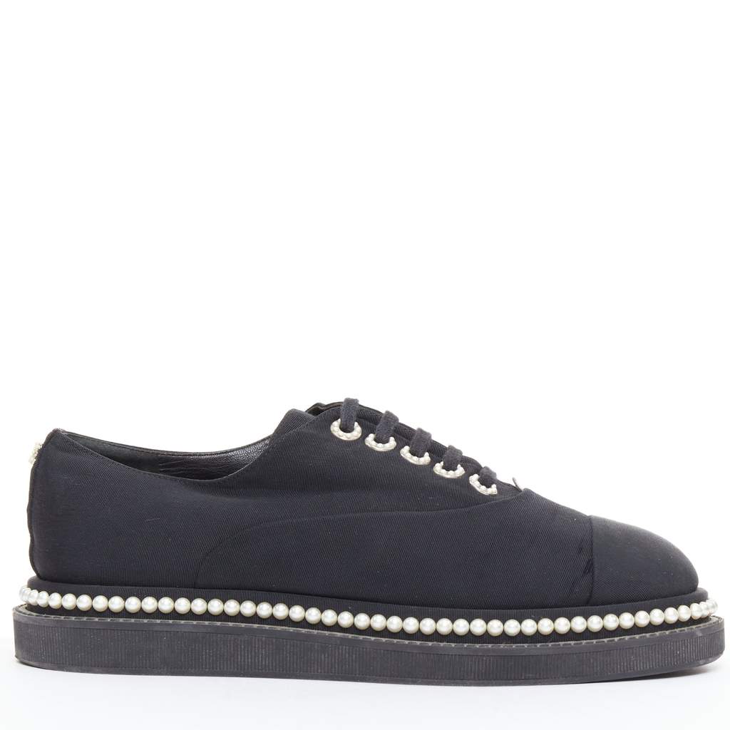 Chanel Pearl Lace Derbies Black Fair - Front View