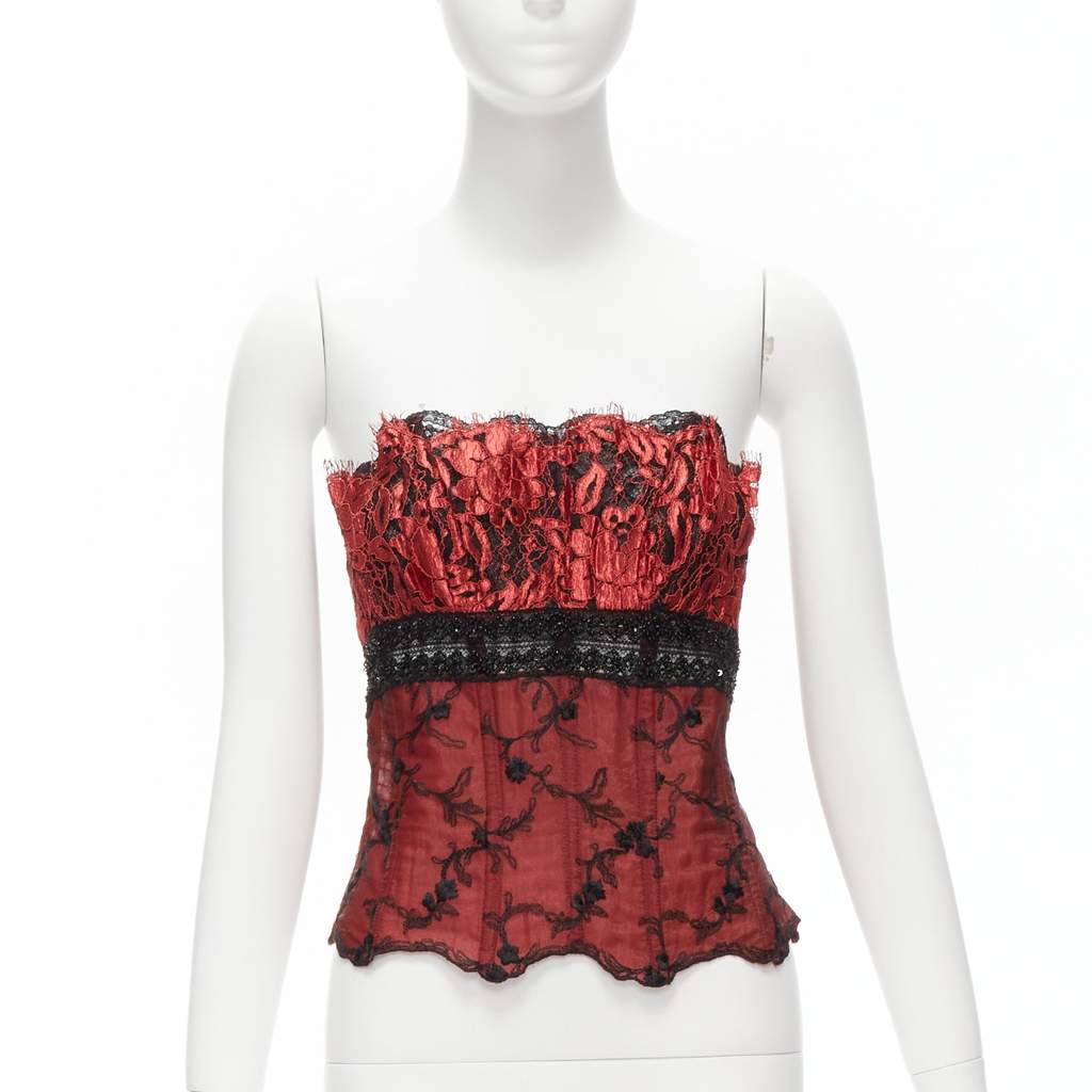 La Perla Beaded Lace Bustier Red Viscose Never worn - Front View