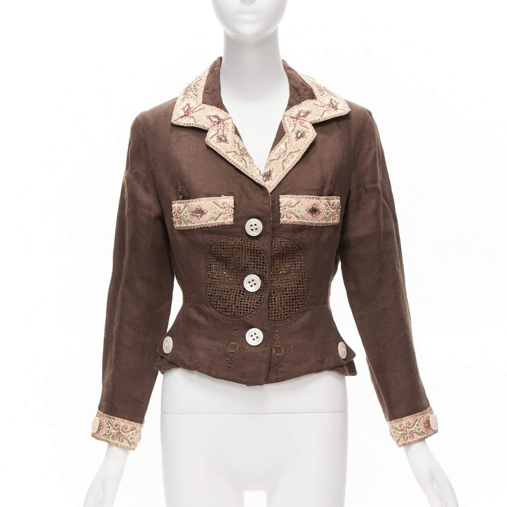 Unsigned Embroidery Blazer Brown Linen Never worn - Front View