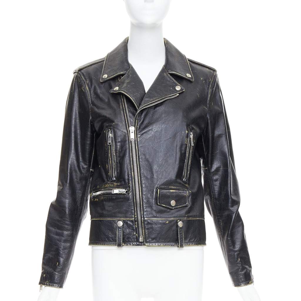 Saint Laurent Black Calfskin Biker Jacket Black Leather Very good - Front View