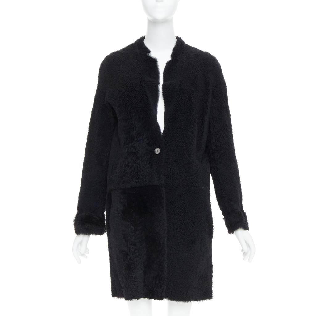 KARL DONOGHUE Black Shearling Long Coat Black Leather Very good - Front View