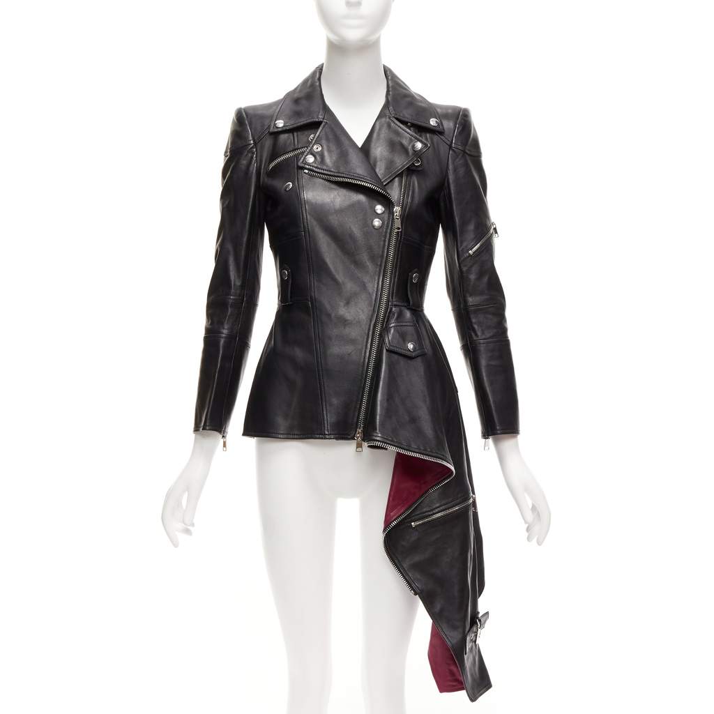 Alexander McQueen Black Zip Biker Jacket Black Leather Good - Front View