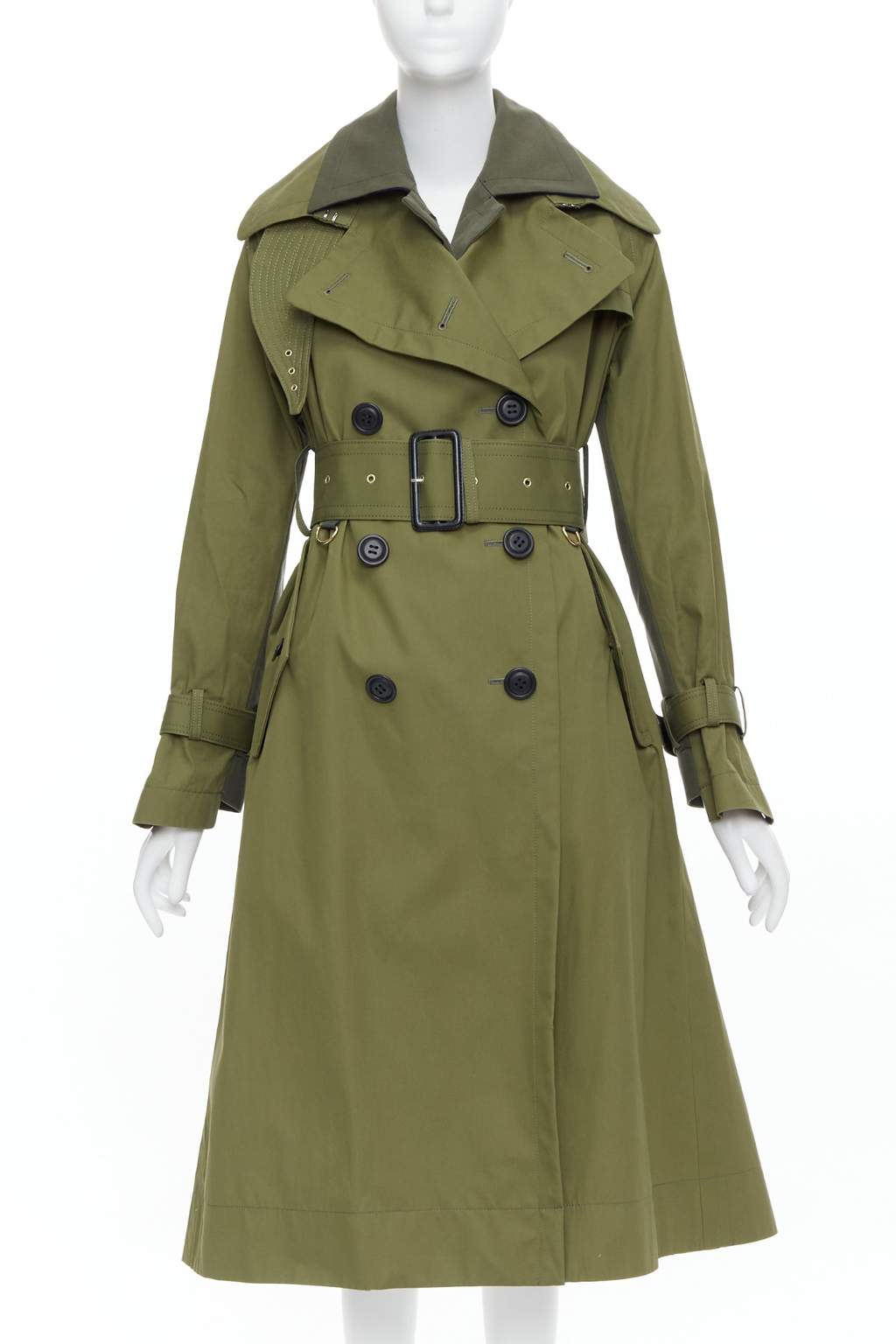 Sacai Green Layered Trench Coat Khaki Cotton Very good condition - Front View