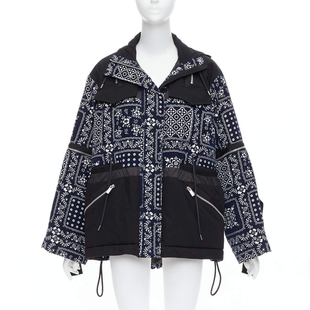 Sacai Navy Printed Padded Coat Black Cotton Never worn - Front View
